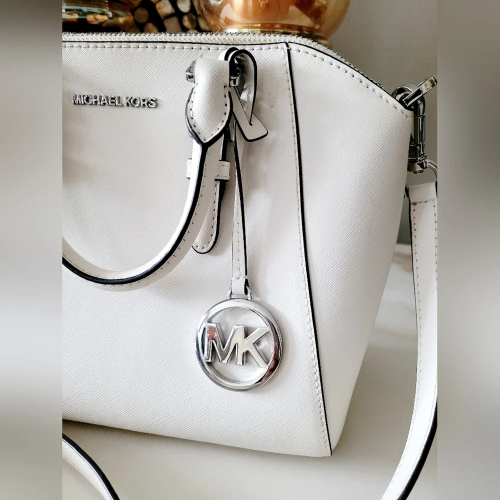 Michael Kors Ciara Optic White Crossbody/Satchel Silver Logo Medium 11